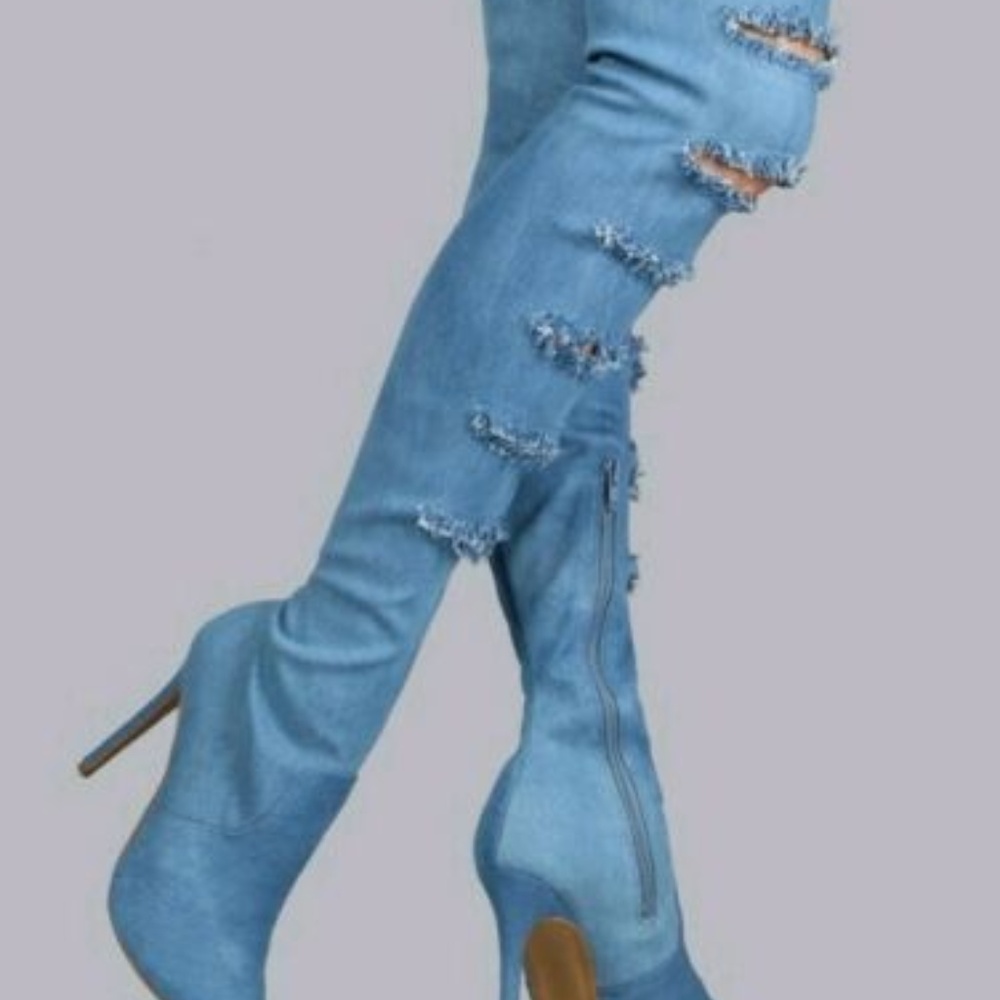 Denim Ripped Jean Thigh High Heel Boots